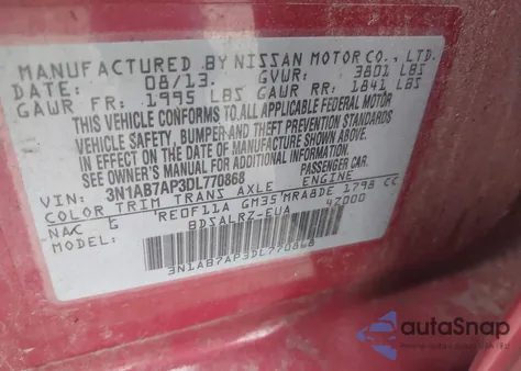 2013 Nissan Sentra Sr из США, поврежденный, VIN 3N1AB7AP3DL770868